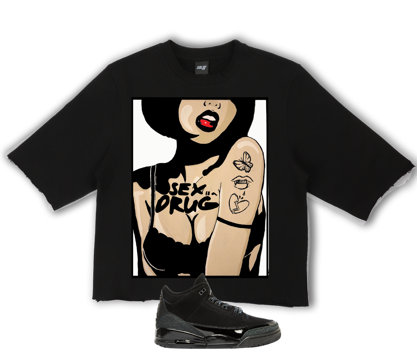 "Sex is a Drug" Jordan Black Cat 3's Crop Tee